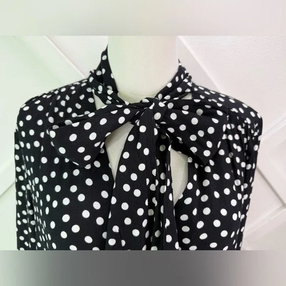 NWT Anthropologie Long-Sleeve Tie-Neck Swing Mini Dress Black And White Size Med - Picture 3 of 14